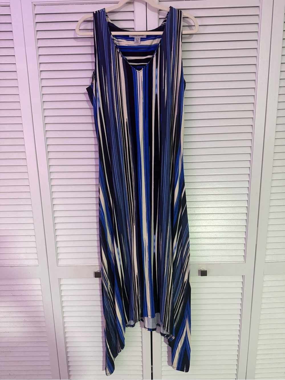 Tommy Bahama Blue, Black & White Vertical Stripe Asymmetrical Dress